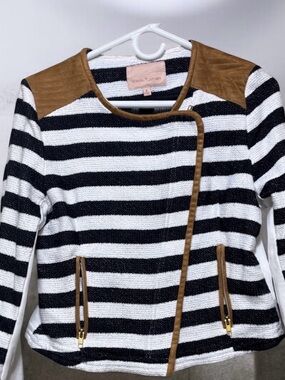 Gibson Latimer Black White Striped Moto Jacket Size S Brown Suede Trim